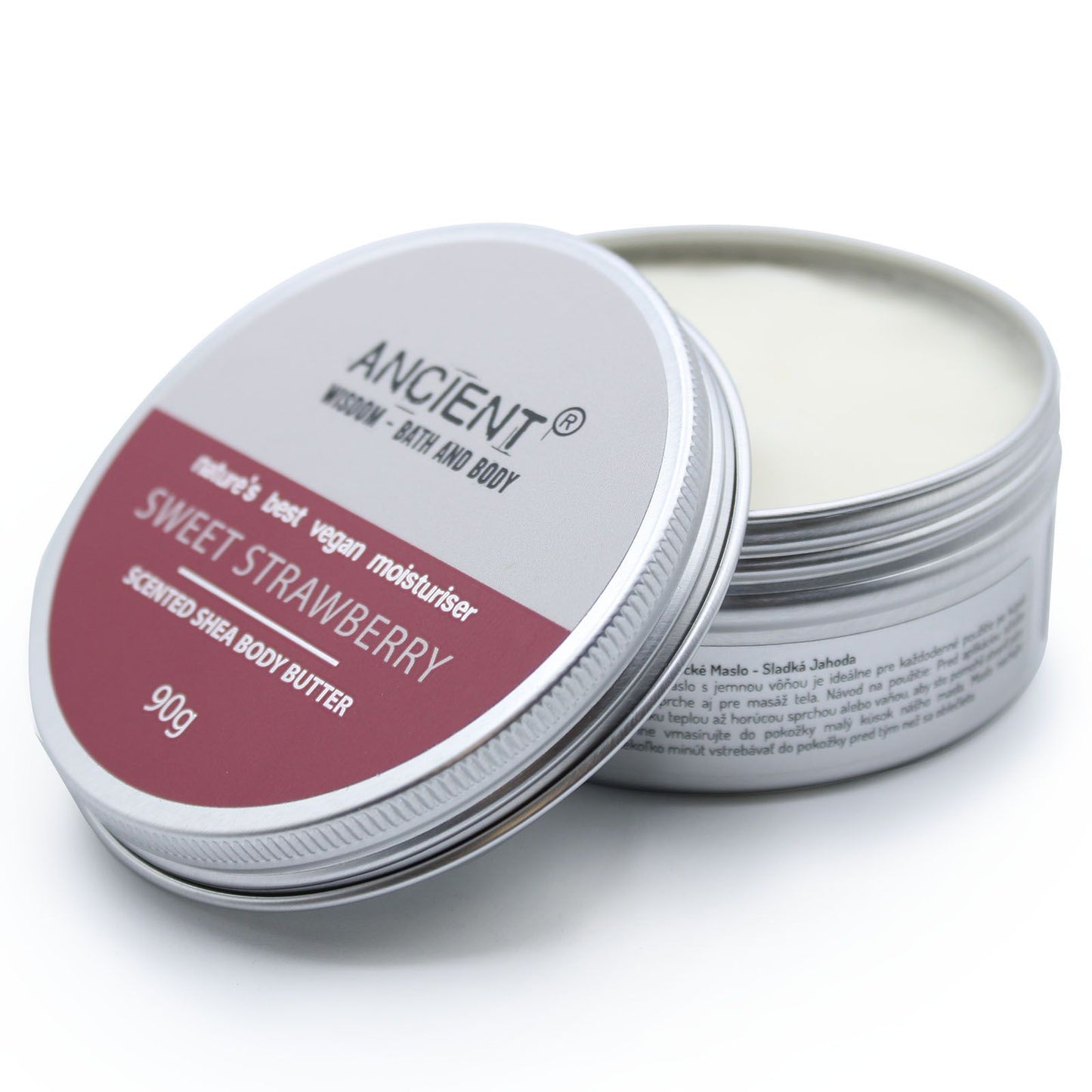 Scented Shea Body Butter 90g by The Bliss Co featuring a jar of sweet strawberry scented shea butter with a pink lid.