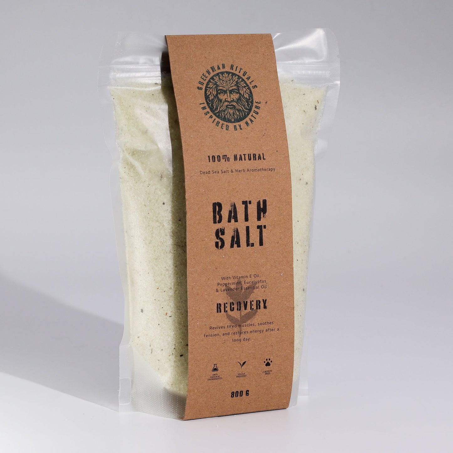 Greenman Rituals Menthol Aromatherapy Epsom Bath Salt from The Bliss Co for recovery and relaxation, shown in a clear glass jar.