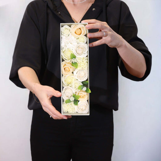 White and ivory soap flower gift box from The Bliss Co's Long Box Wedding Blessings collection, beautifully arranged for special occasions.