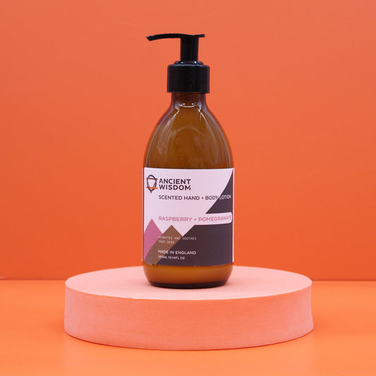 Raspberry & pomegranate fragranced hand and body lotion by The Bliss Co in a 300ml pump bottle.