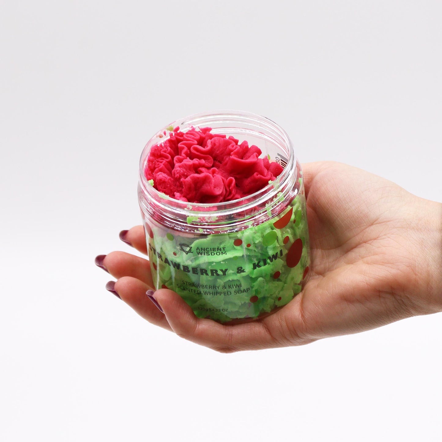 Strawberry and kiwi whipped soap by The Bliss Co in a 120g jar, creamy and fluffy texture with fresh fruit ingredients.
