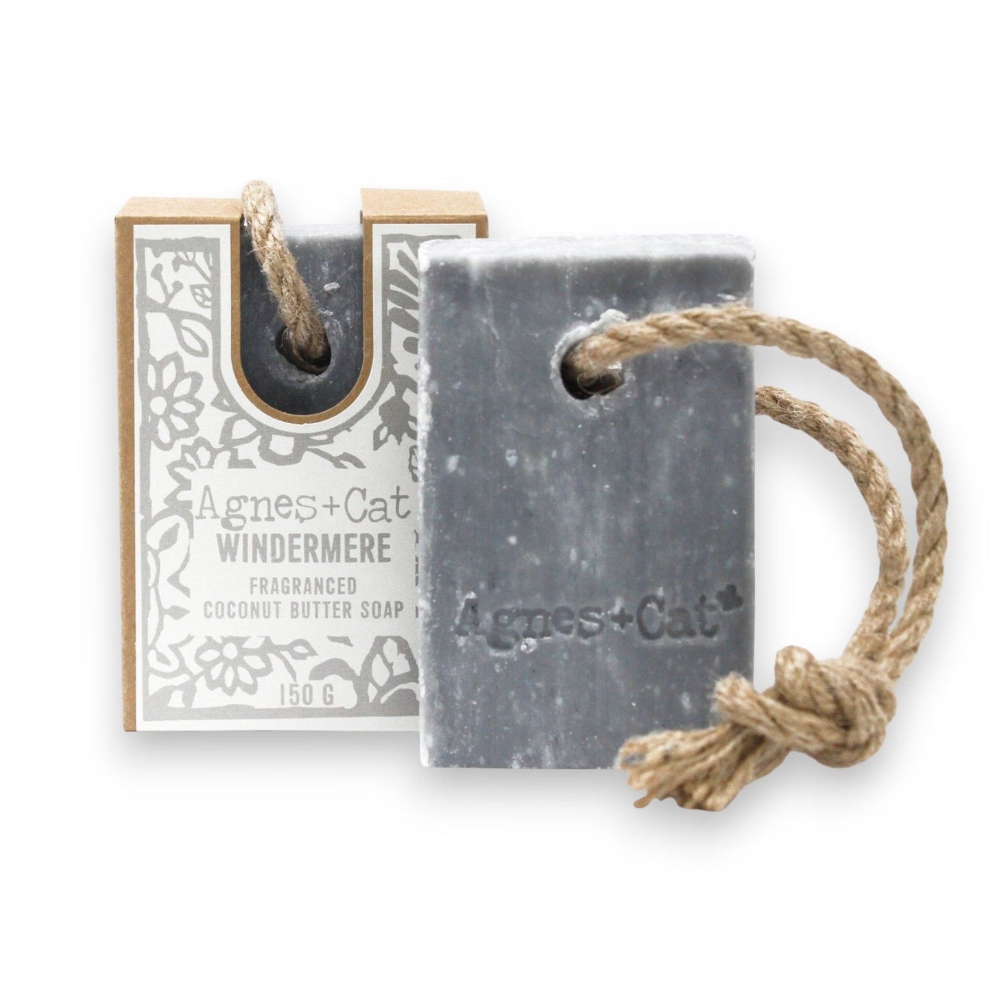 Agnes + Cat Soap on a Rope by The Bliss Co hanging with soap and rope design, Windermere scent, in a natural setting