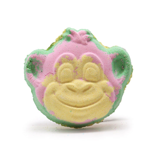 Colorful Monkey-shaped bath bomb for kids by The Bliss Co, 90g, ideal for a fun and relaxing bath experience