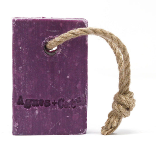 Agnes + Cat Soap on a Rope by The Bliss Co with pressed peony design, featuring a decorative soap shaped for hanging and display.