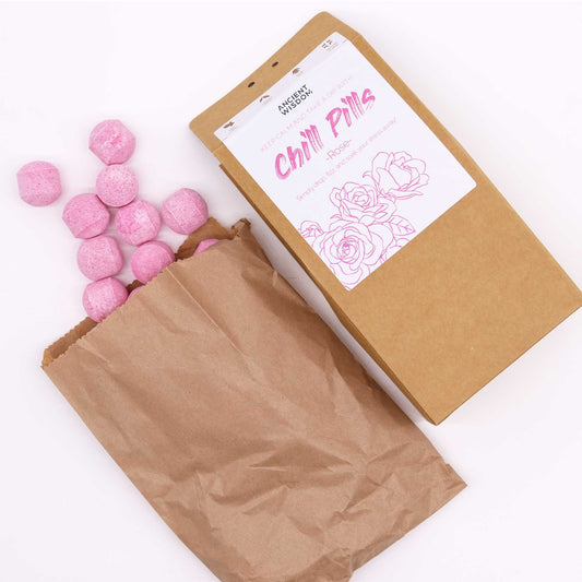 Chill Pills Gift Pack 350g by The Bliss Co featuring rose-scented relaxation supplements in a decorative gift box.