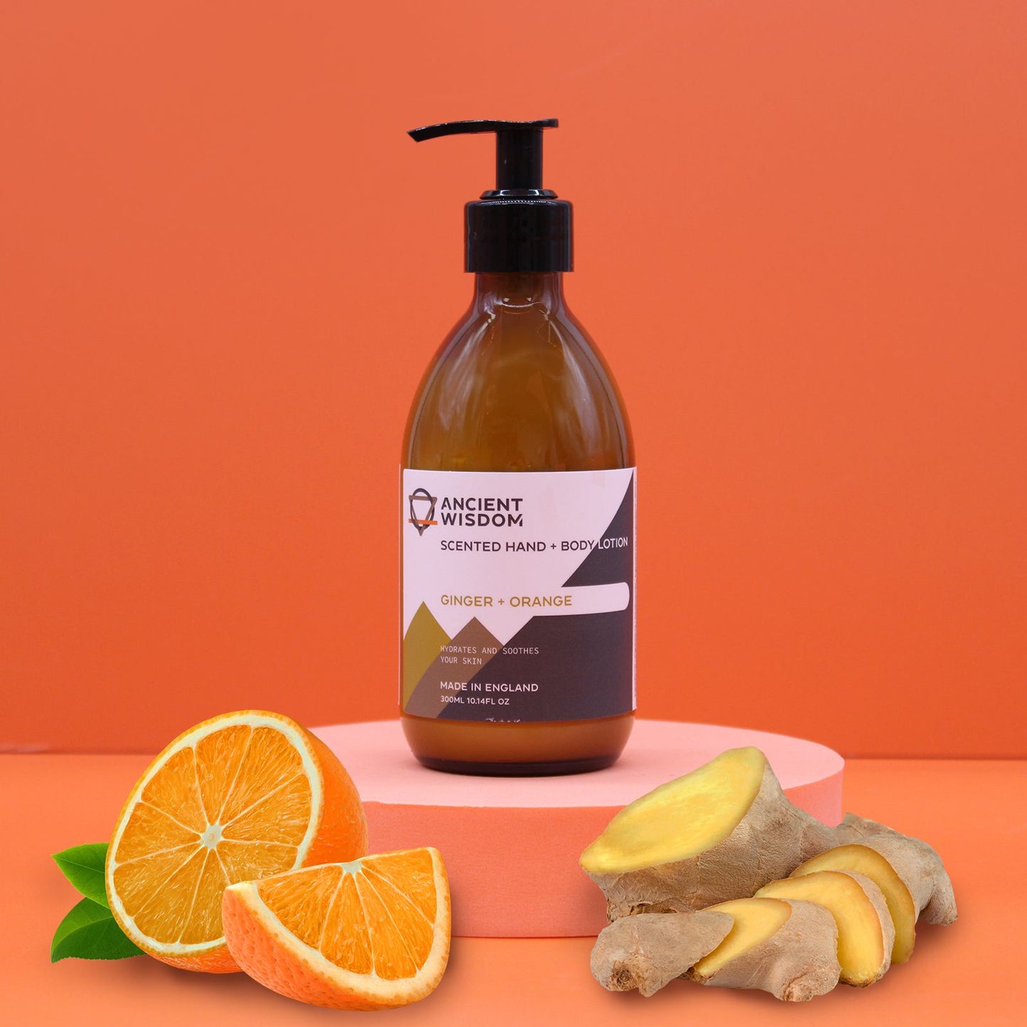 Ginger & Orange fragranced hand and body lotion by The Bliss Co in a 300ml bottle, showcasing the lotion's smooth texture and vibrant packaging.
