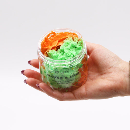 Creamy mango and lime whipped soap from The Bliss Co, 120g, showcasing the light, fluffy texture and fresh citrus scent.