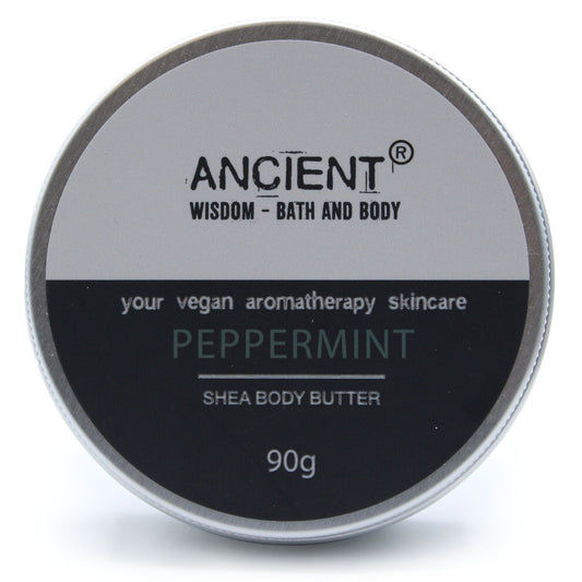 Aromatherapy Shea Body Butter 90g by The Bliss Co with peppermint scent, showing a smooth, creamy texture in a jar.
