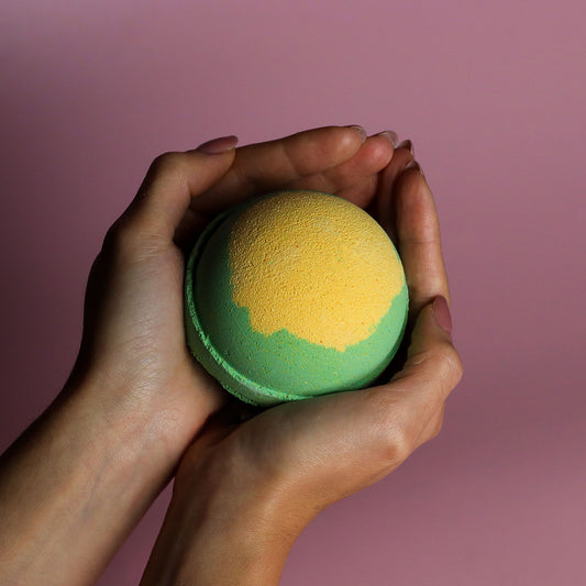 Set of 3 jumbo Apple Pie & Custard Bath Bombs by The Bliss Co, 180g each, shown in colorful packaging.
