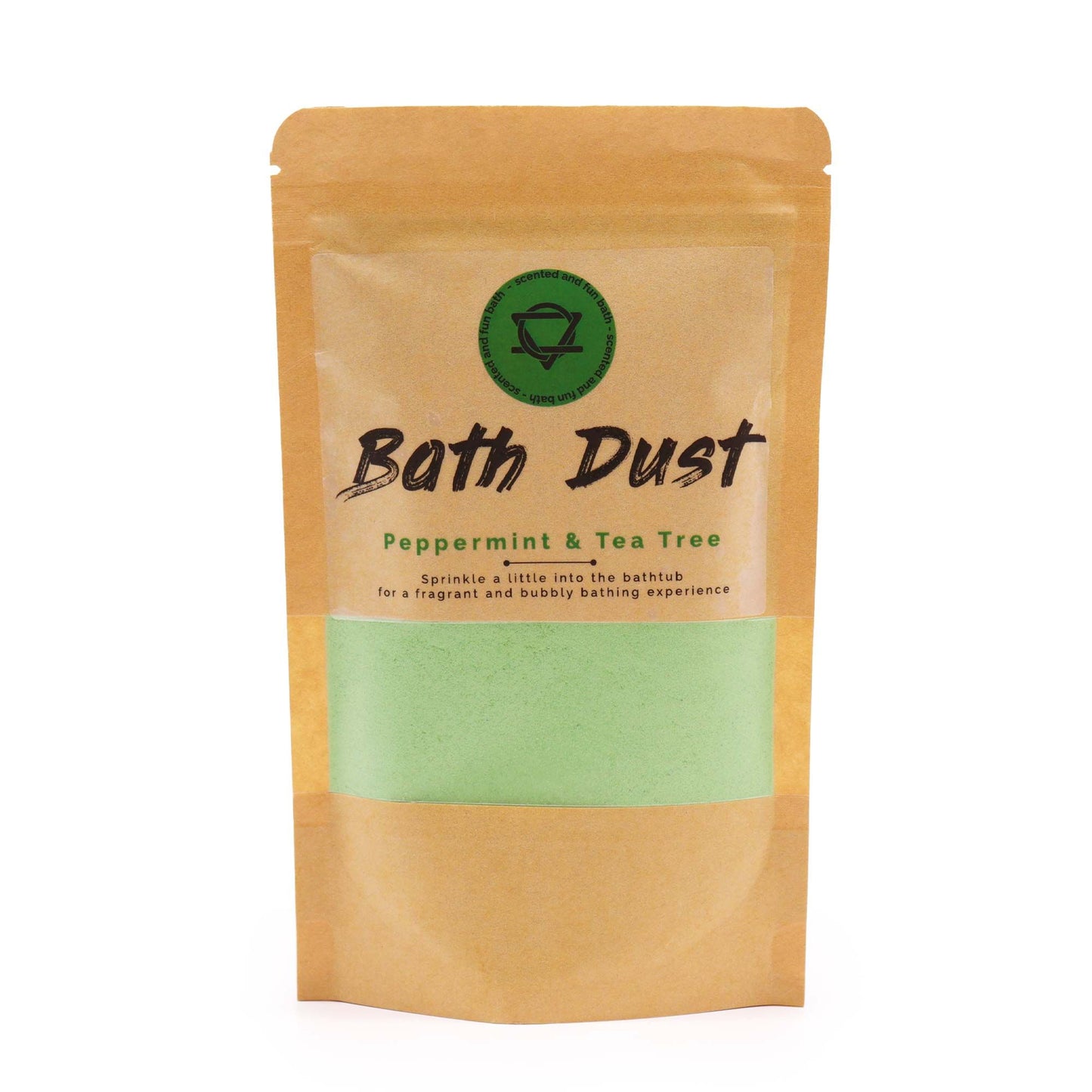 Peppermint and tea tree bath dust in 190g jar by The Bliss Co, with fresh herbs and natural ingredients for soothing bath experience.
