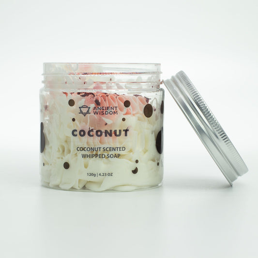Coconut whipped soap from The Bliss Co in a 120g jar, showcasing fluffy, creamy texture and tropical coconut scent.