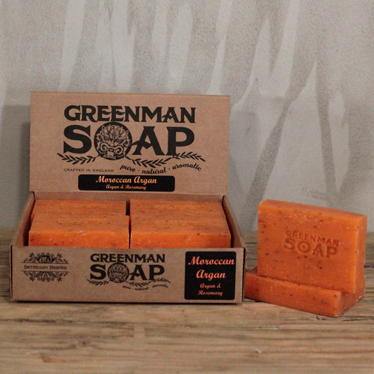 Greenman Handmade Soap slice with Moroccan Argan oil from The Bliss Co, 100g, featuring a green soap bar with natural ingredients.