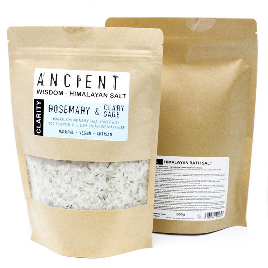 Himalayan Bath Salt Blend 500g by The Bliss Co, showing pink Himalayan salt crystals in a natural setting.