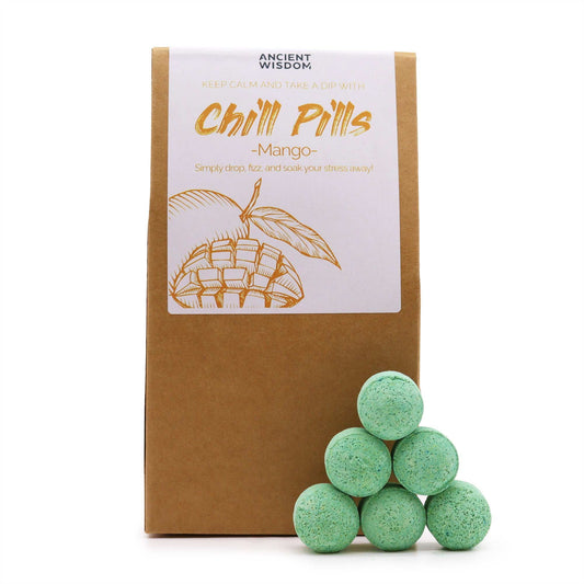 Chill Pills gift pack 350g by The Bliss Co featuring mango-flavored relaxing snack pills in a colorful box.