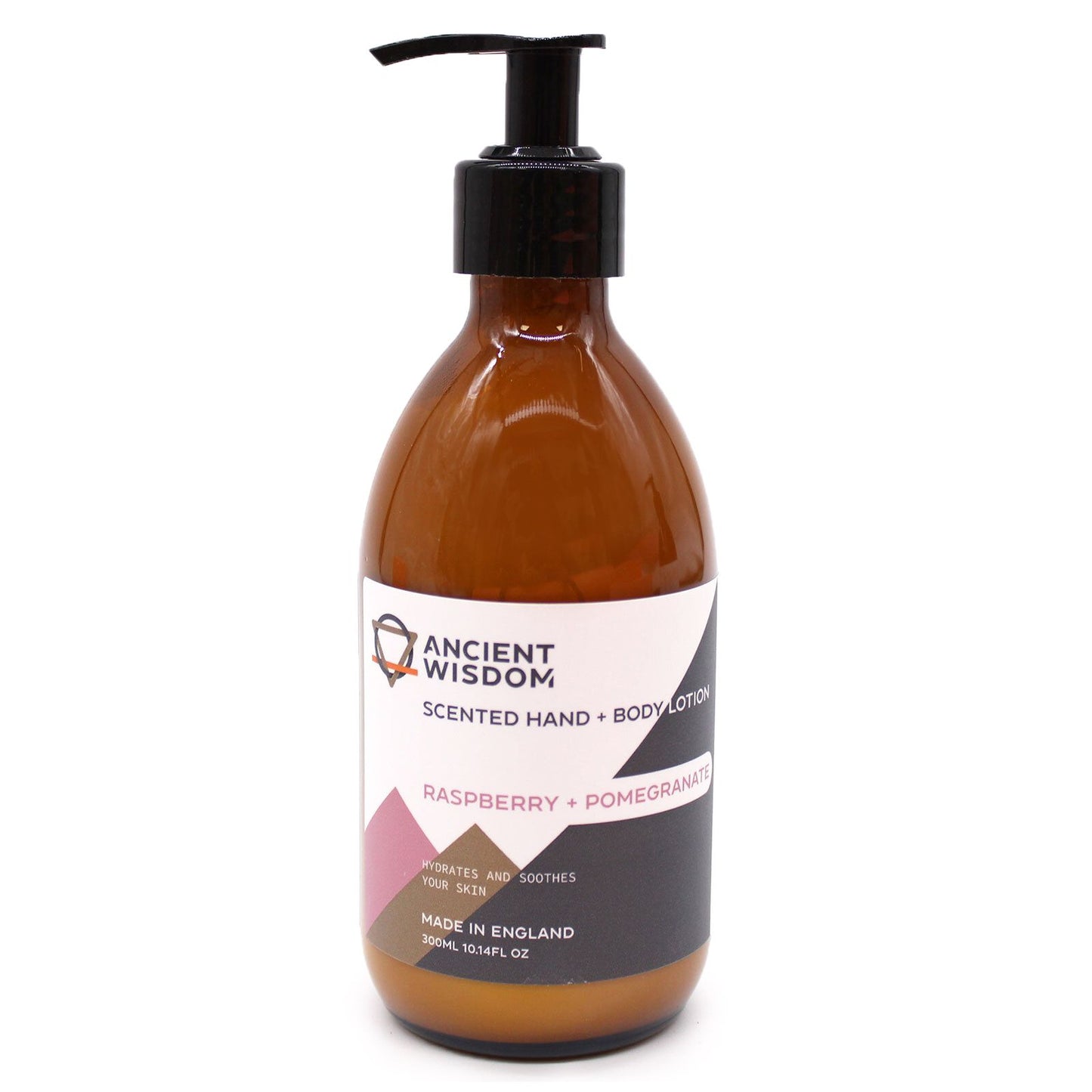 Raspberry & Pomegranate scented hand and body lotion by The Bliss Co in a 300ml bottle, with a vibrant fruit-themed design.