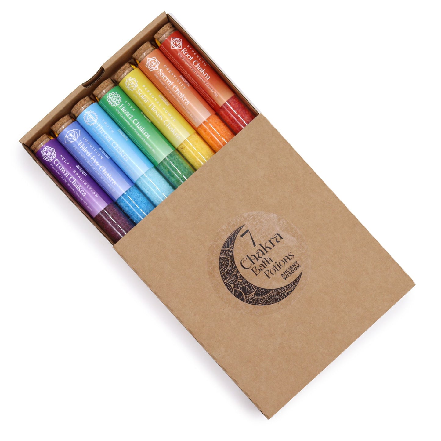 Set of seven Chakra bath salts in vials by The Bliss Co, colorful bath salts for relaxing and balancing chakras.