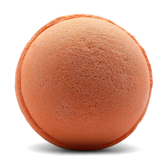 Set of 3 jumbo bath bombs in tangerine and grapefruit scents by The Bliss Co, colorful, round, and textured for relaxing baths.