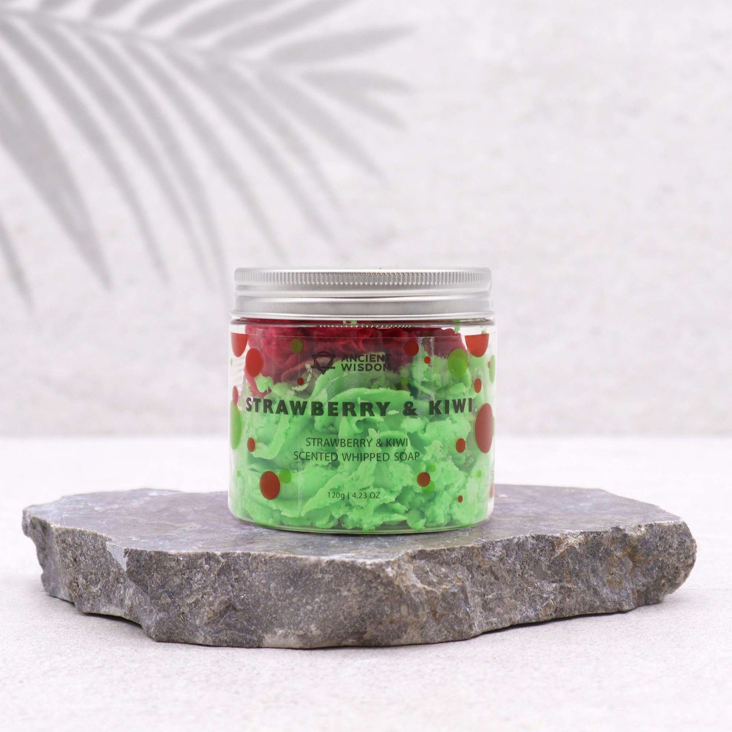 The Bliss Co Strawberry & Kiwi Whipped Soap 120g in a fluffy, creamy texture with fresh strawberry and kiwi ingredients.