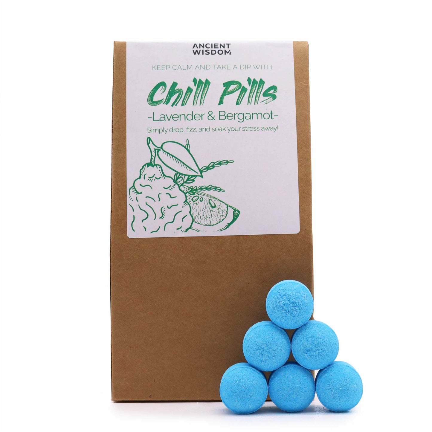 Chill Pills gift pack by The Bliss Co featuring lavender and bergamot scented soothing tablets in a 350g package.