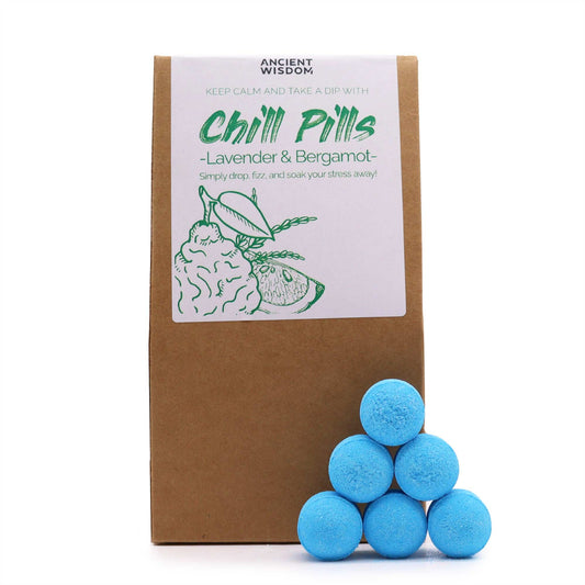 Chill Pills gift pack by The Bliss Co featuring lavender and bergamot scented soothing tablets in a 350g package.