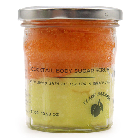 Fragranced sugar body scrub by The Bliss Co with peach sangria scent, showing the textured scrub in a 300g jar.