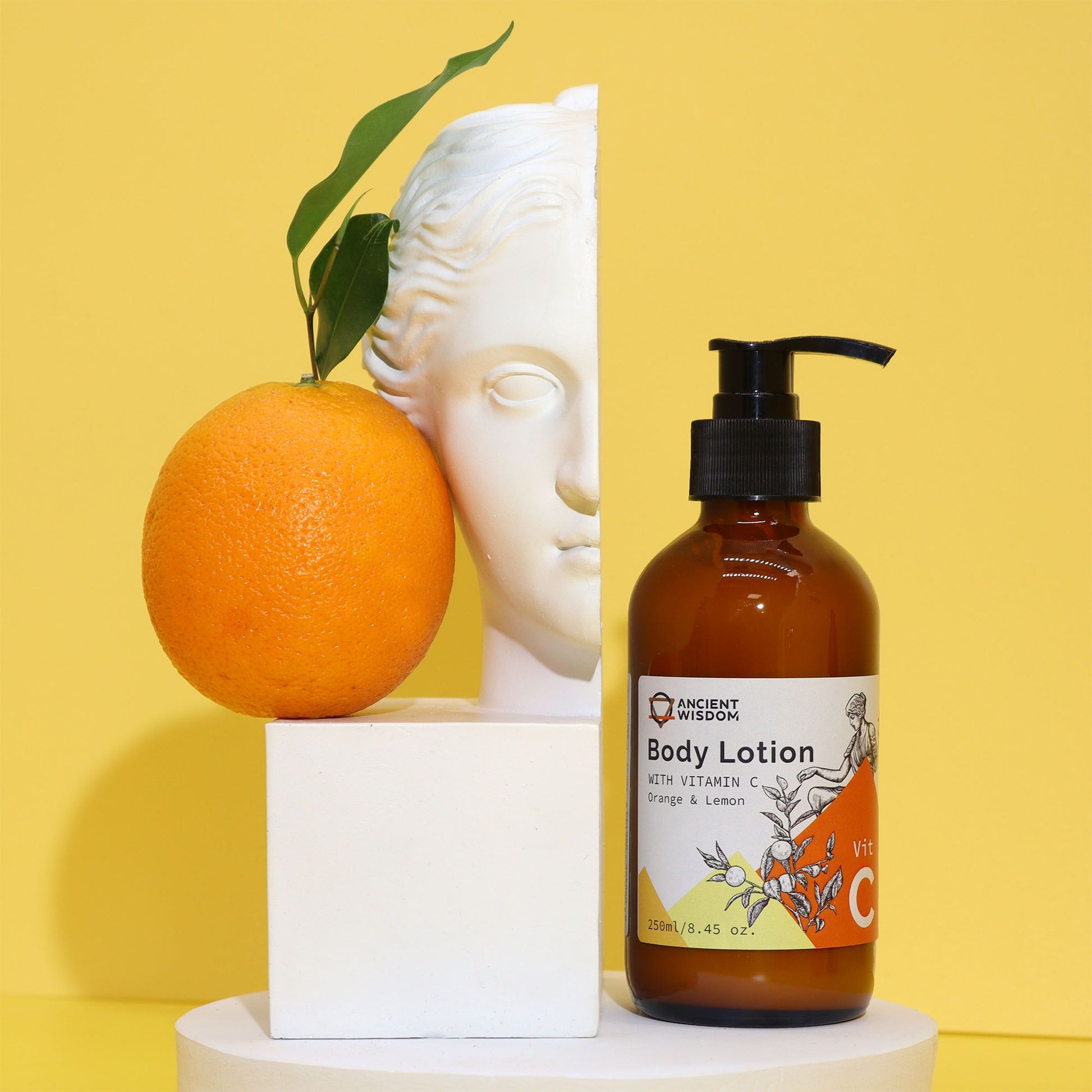 Vitamin C Goddess’s Body Lotion by The Bliss Co with orange and lemon for brightening skin, shown in a sleek bottle.