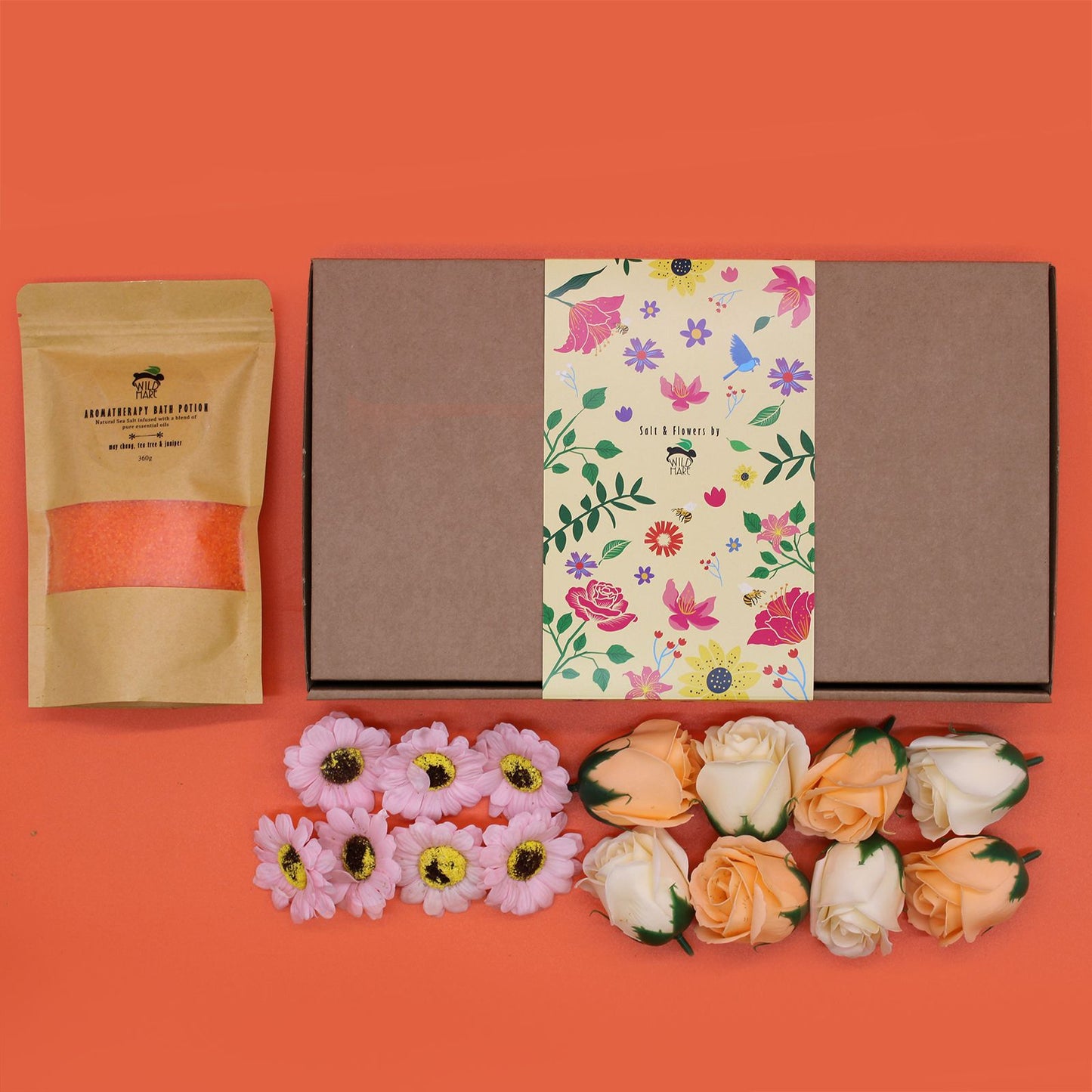 Wild Hare Salt Soak Set by The Bliss Co featuring detox salts and dried flowers in a natural, relaxing bath product arrangement.