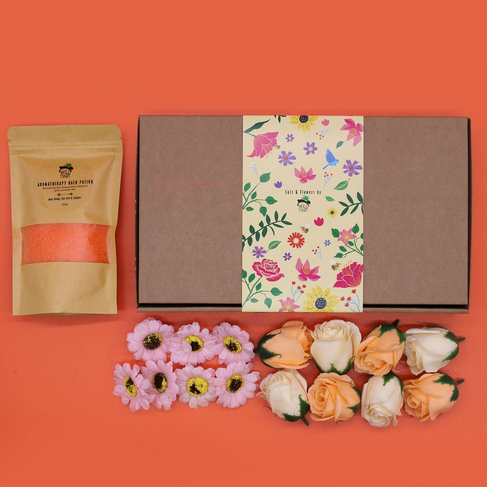 Wild Hare Salt Soak Set by The Bliss Co featuring detox salts and dried flowers in a natural, relaxing bath product arrangement.