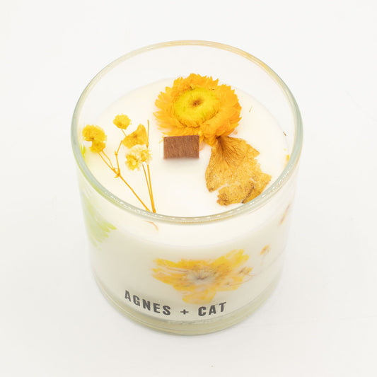 Agnes + Cat Botanical Soy Wax Candle by The Bliss Co featuring Rydal Oudh scent with earthy, woody aroma and elegant glass container.
