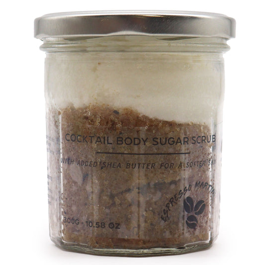 The Bliss Co Fragranced Sugar Body Scrub in Espresso Martini scent, 300g, with textured sugar and aromatic ingredients.