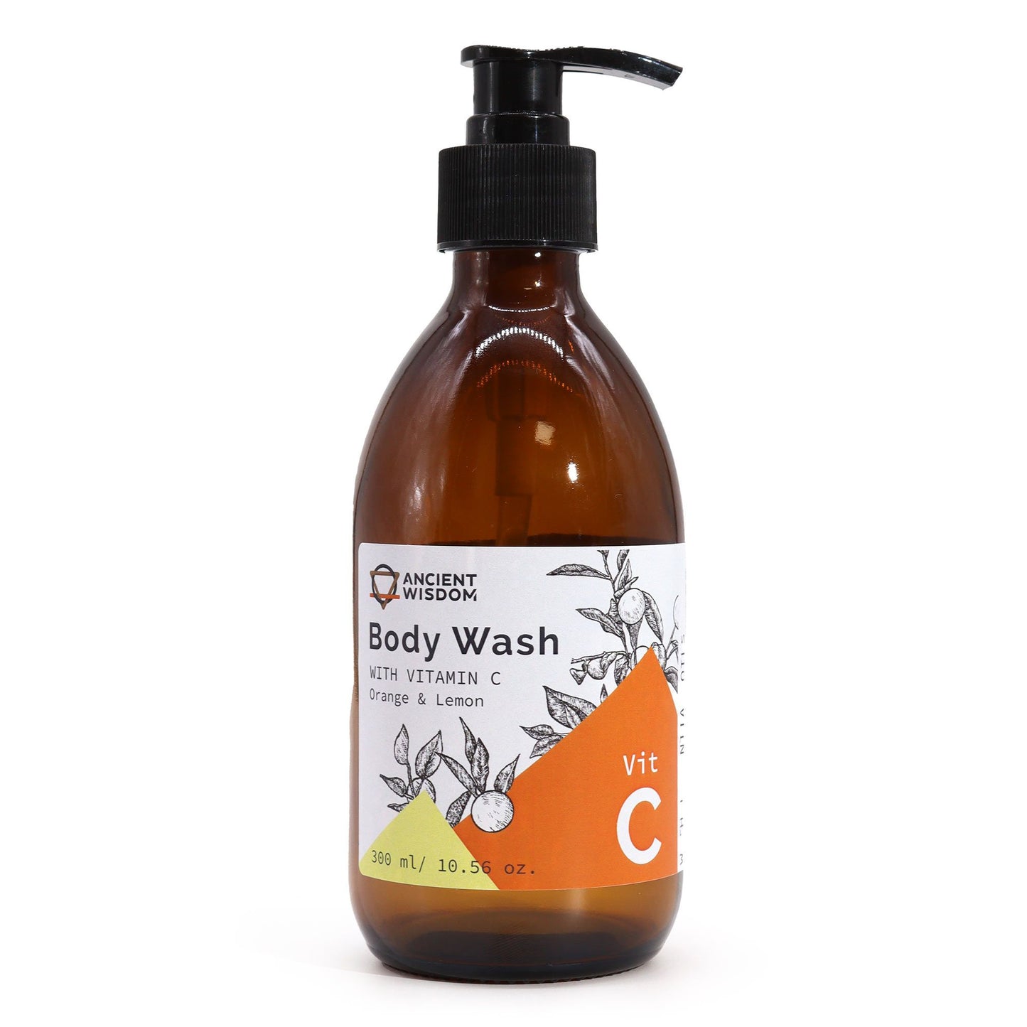 The Bliss Co Aromatherapy Body Wash with Vitamin C in orange and lemon scent, featuring fresh citrus fruits and a sleek bottle.
