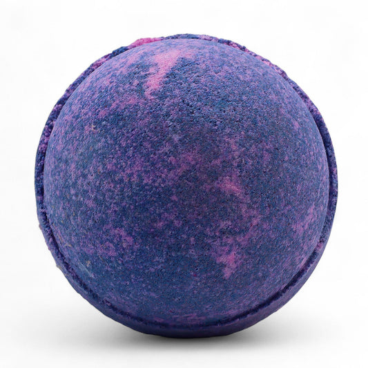 Set of 3 Yorkshire Violet Jumbo Bath Bombs by The Bliss Co, 180g each, with colorful, fragrant bath bombs in a close-up shot.