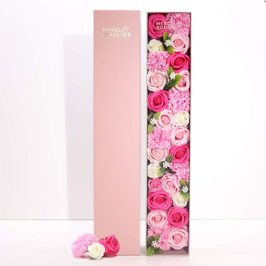 Extra long Baby Blessings soap flower gift box in pinks by The Bliss Co, featuring decorative soap flowers in a luxurious box.