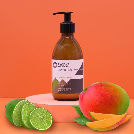 The Bliss Co Mango & Lime Lotion 300ml bottle featuring a vibrant label, designed for moisturizing hands and body with tropical scent.