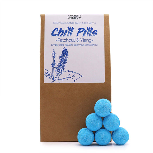 Chill Pills gift pack by The Bliss Co featuring ylang and patchouli scented relaxation pills in a 350g package.