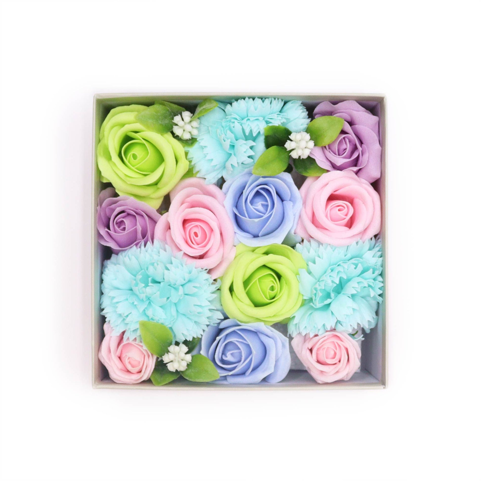 Square box of Baby Blessings Blues soap flower gift box by The Bliss Co, featuring decorative soap flowers in a blue gift box.