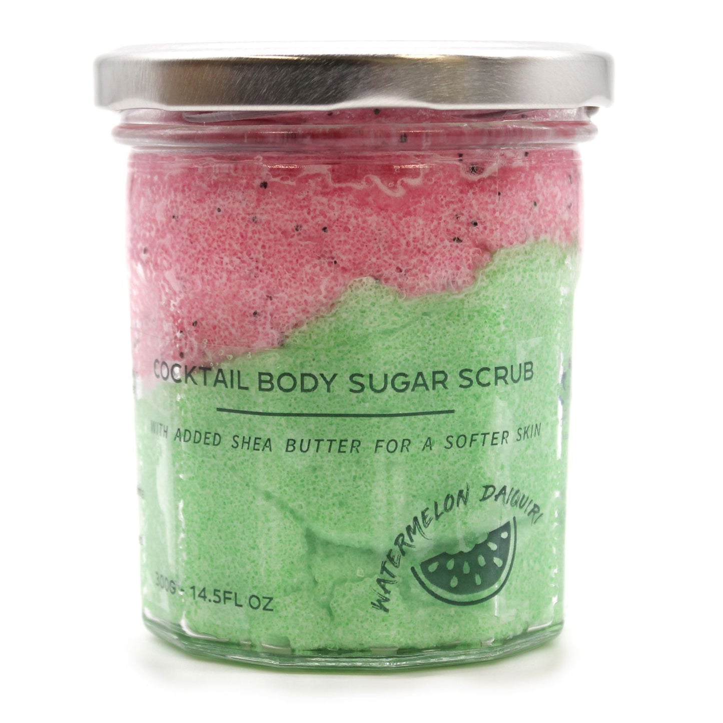 The Bliss Co Watermelon Daiquiri fragranced sugar body scrub in a 300g jar, showing the vibrant pink exfoliating scrub with watermelon scent.