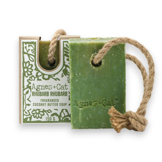 Agnes + Cat Soap on a Rope by The Bliss Co featuring rhubarb scent, hanging soap with a natural rope detail.
