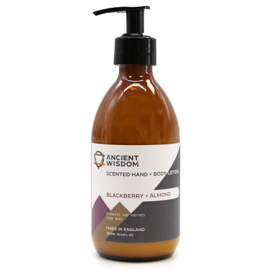 Blackberry and Almond fragranced hand and body lotion by The Bliss Co in a 300ml bottle with a smooth, creamy texture.