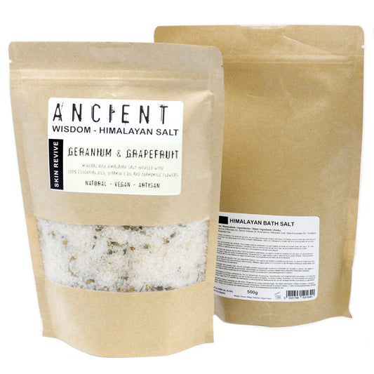 Himalayan Bath Salt Blend by The Bliss Co, 500g, showing pink Himalayan salt crystals for skin revitalization and relaxation.