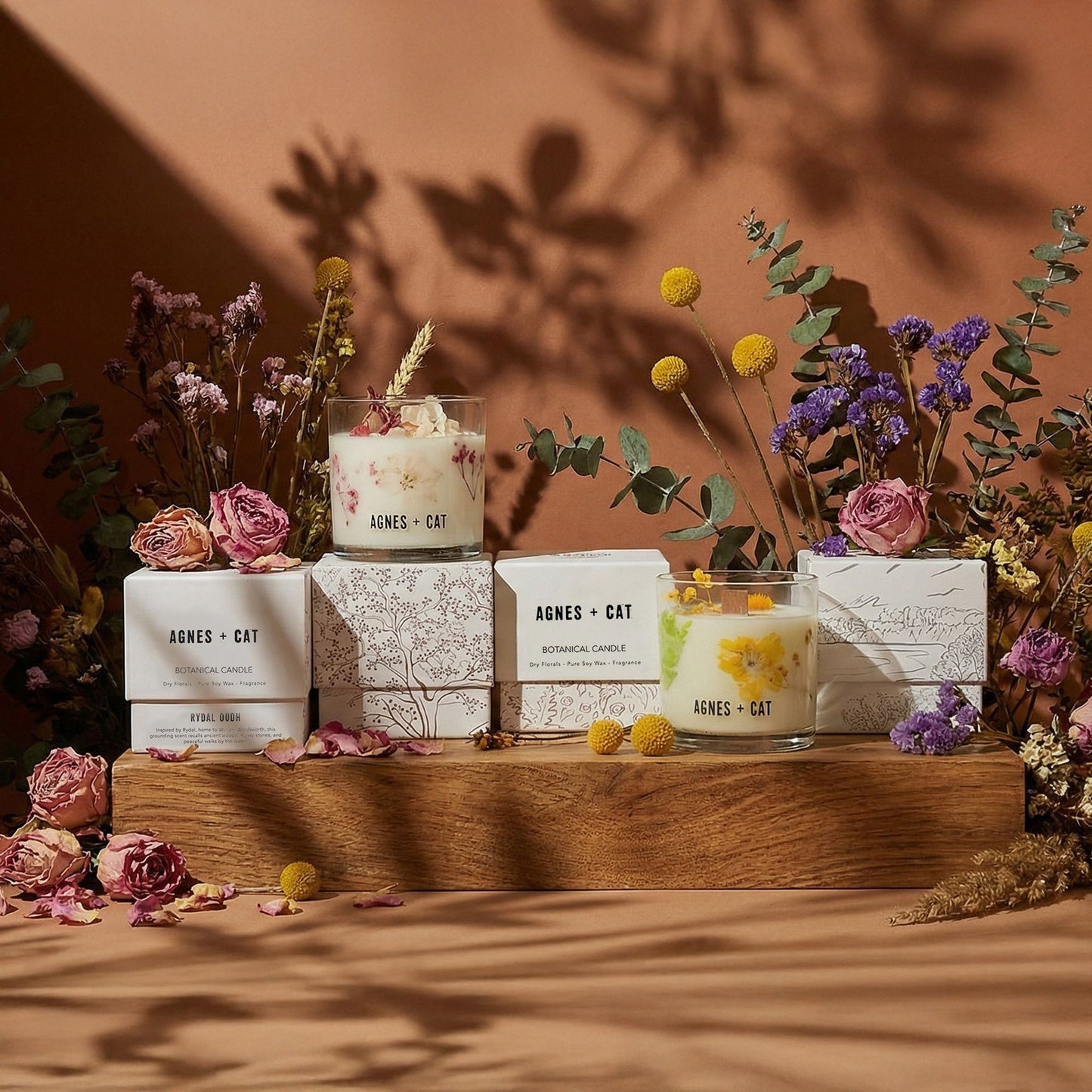Agnes + Cat Botanical Soy Wax Candle with roses of Sawrey in a clear glass jar, natural floral design by The Bliss Co.