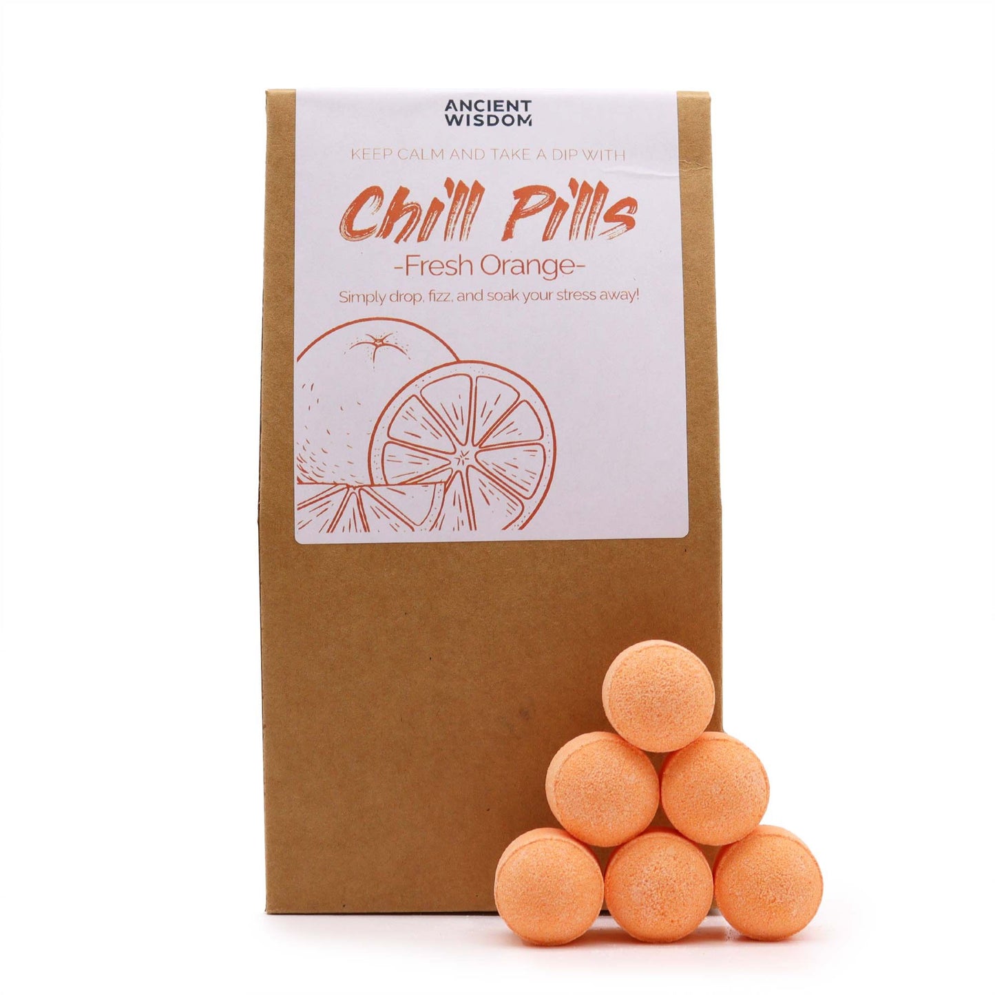 Chill Pills gift pack with fresh orange flavor from The Bliss Co, featuring colorful individually wrapped chill pill candies.
