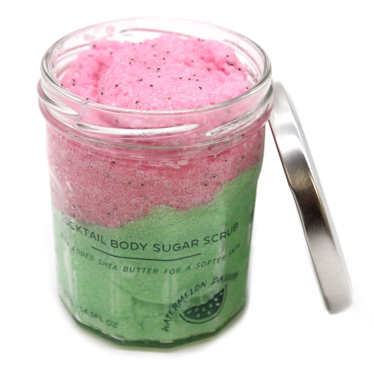 Fragranced Sugar Body Scrub by The Bliss Co with watermelon daiquiri scent, showing a jar of exfoliating sugar scrub.