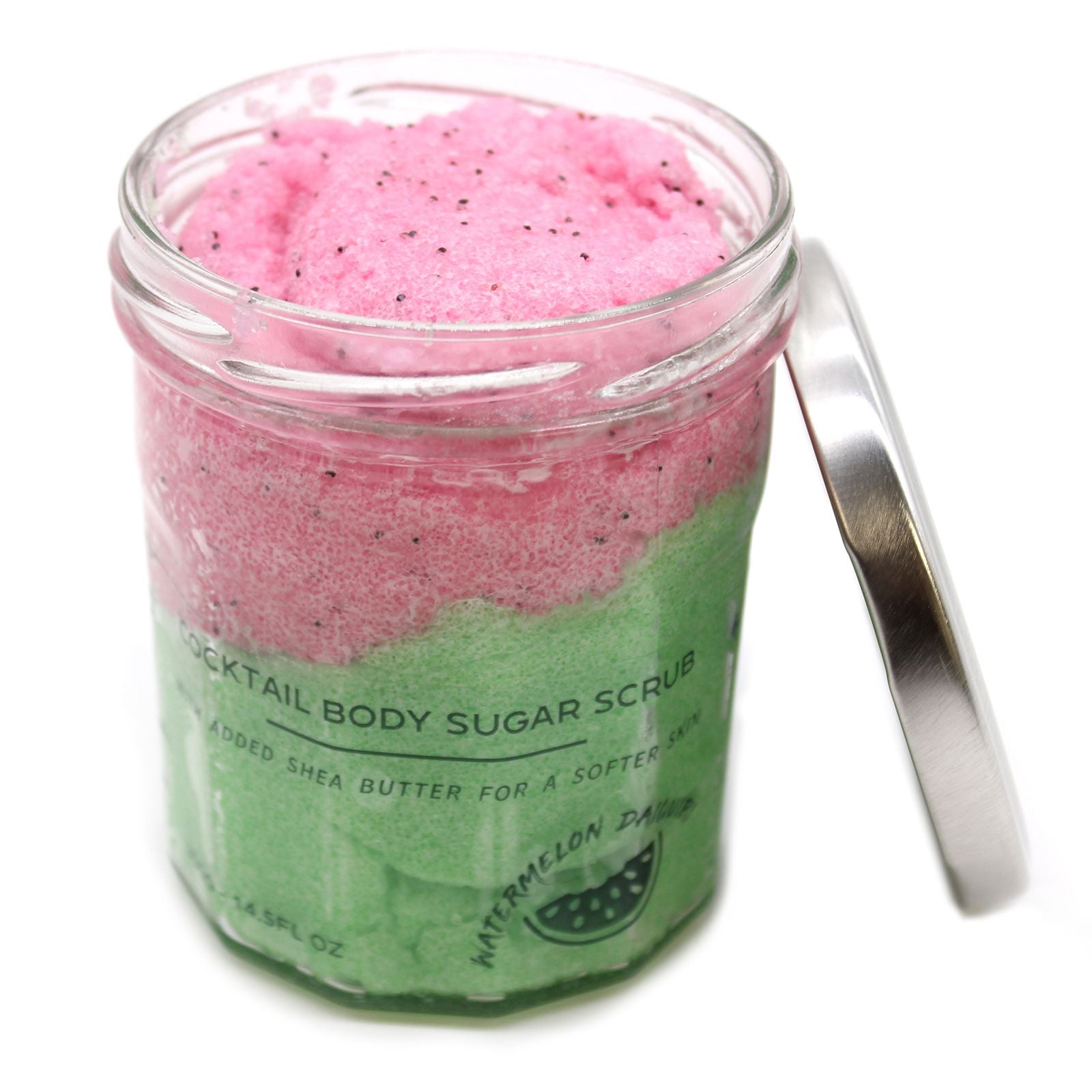 Fragranced Sugar Body Scrub by The Bliss Co with watermelon daiquiri scent, showing a jar of exfoliating sugar scrub.