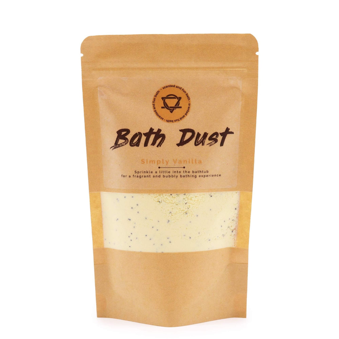 Simply Vanilla Bath Dust by The Bliss Co in a 190g jar, with a close-up of the vanilla-scented bath dust and packaging details.