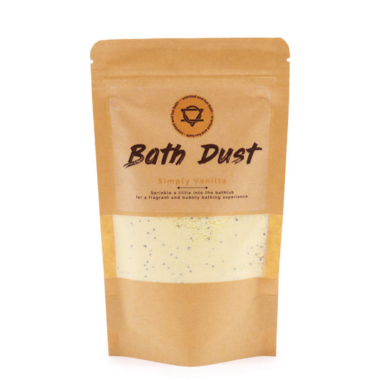 Simply Vanilla Bath Dust by The Bliss Co in a 190g jar, with a close-up of the vanilla-scented bath dust and packaging details.