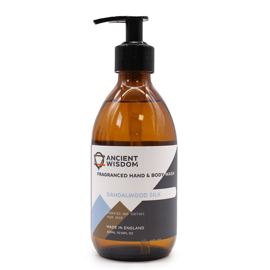 The Bliss Co Sandalwood Silk Hand and Body Wash 300ml in a clear bottle with a white pump, showcasing a luxurious, silky texture.