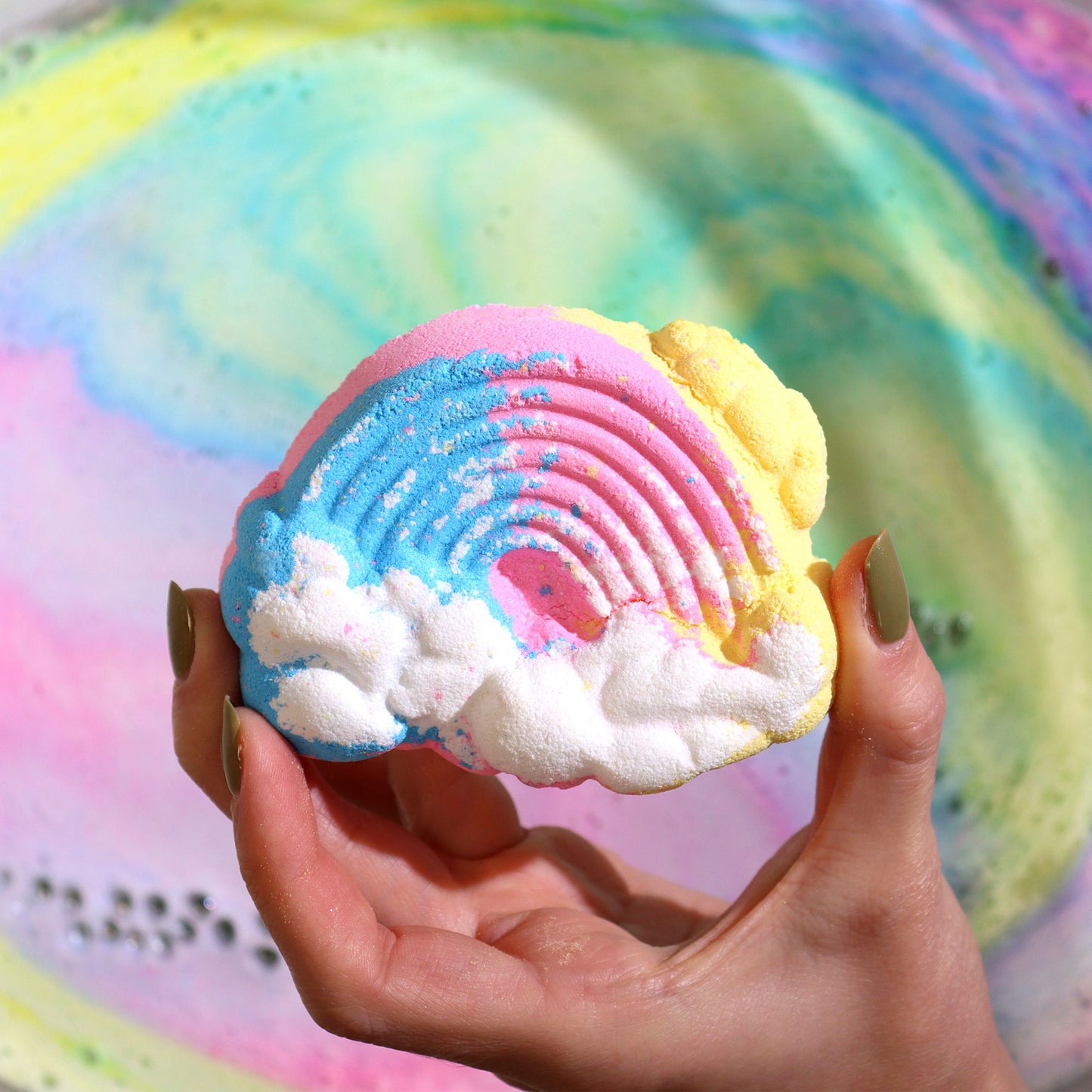 Colorful Cloud Bathbomb 95g by The Bliss Co, shaped bath bomb for kids with vibrant, playful design in a relaxing bath setting.