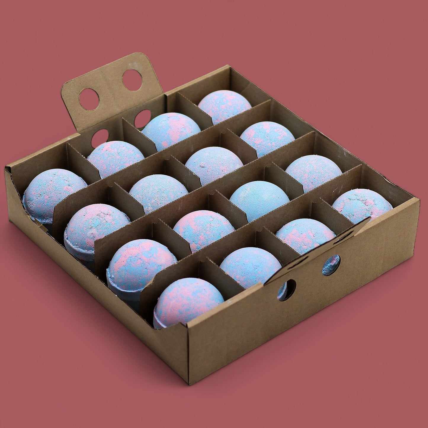 Set of 3 jumbo baby powder scent bath bombs by The Bliss Co, 180g each, showing colorful round bath bombs in a bathroom setting.