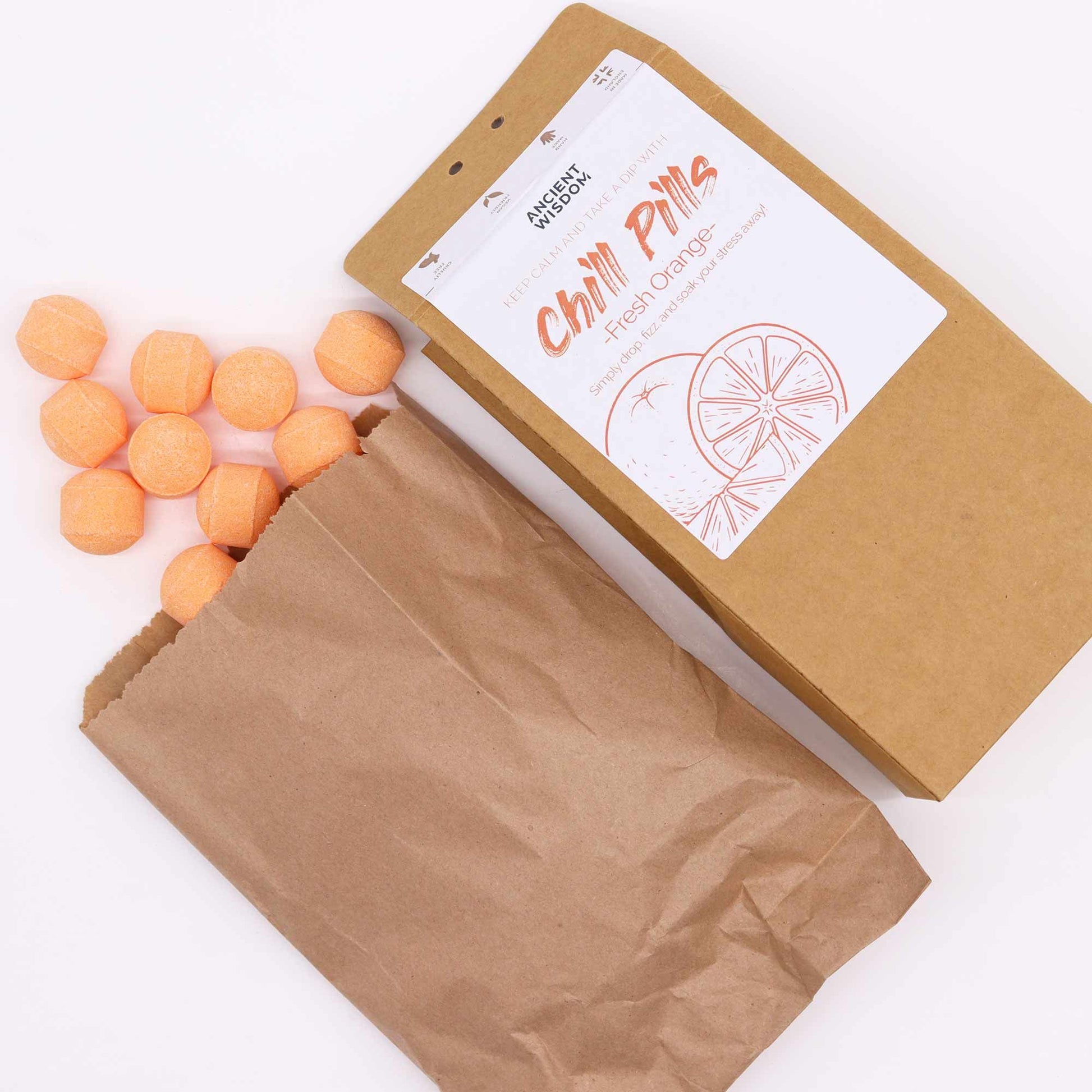 Chill Pills Gift Pack 350g by The Bliss Co featuring fresh orange flavored chill pill candies in a colorful gift box.